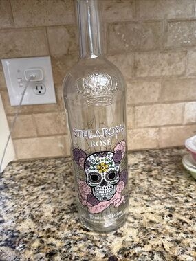 Rosé Decorative Glass Bottle with Floral Skull Design - Pink